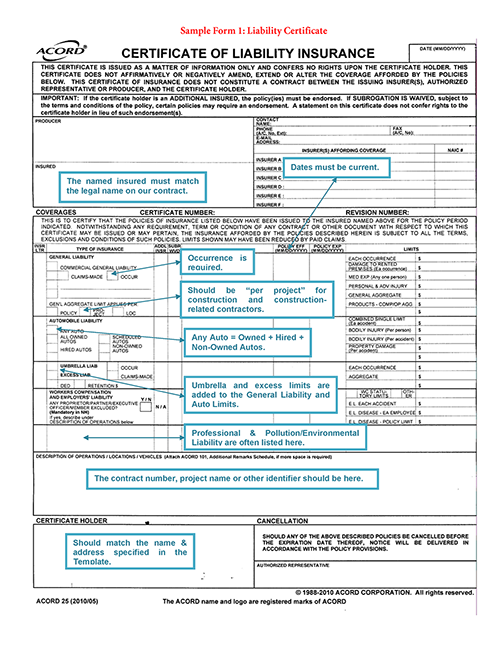 Sample Form 1 Certificate Of Liability Insurance